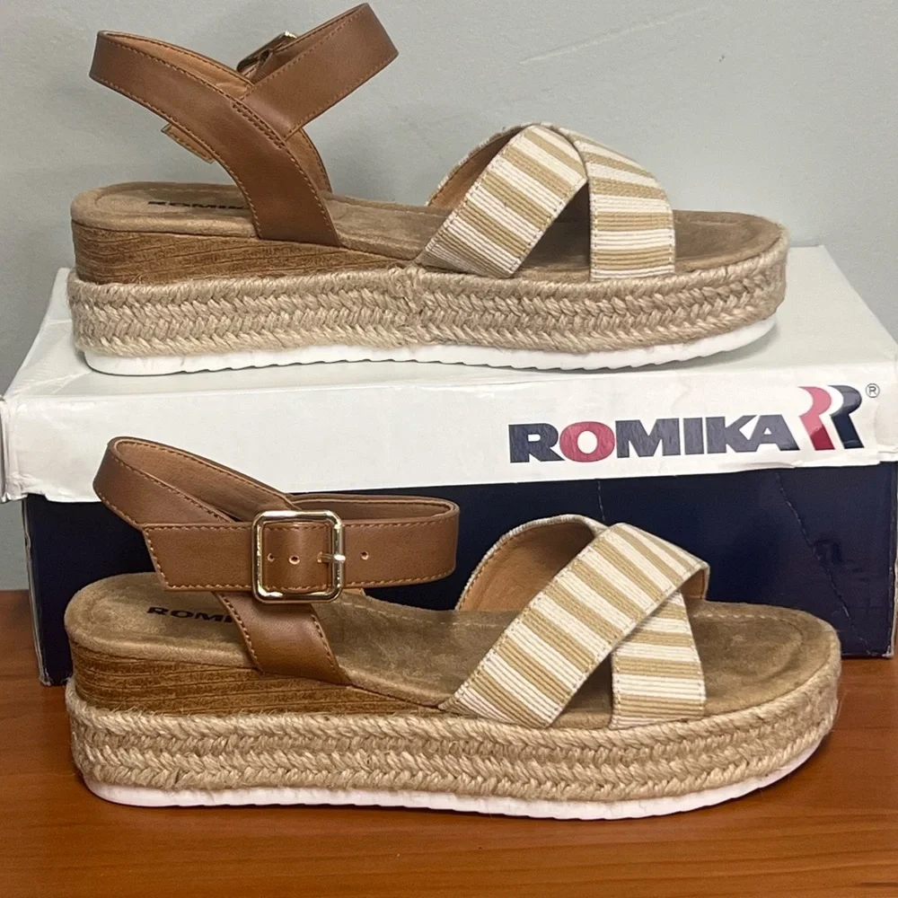 NWT Romika Madison Espadrille Platform Sandals Tan Stripe EU 37 US 6.5